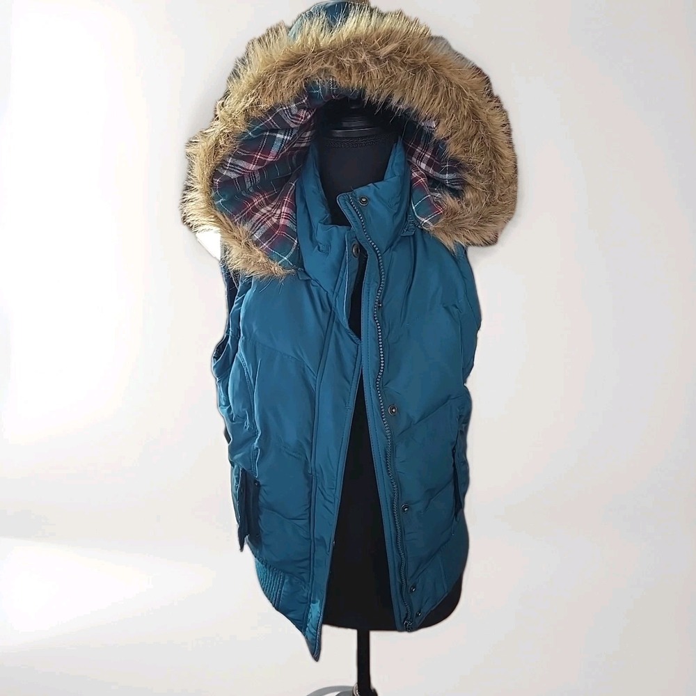 Y2K Maurices Down Puffer Vest Hooded Faux Fur Retro Women's Medium